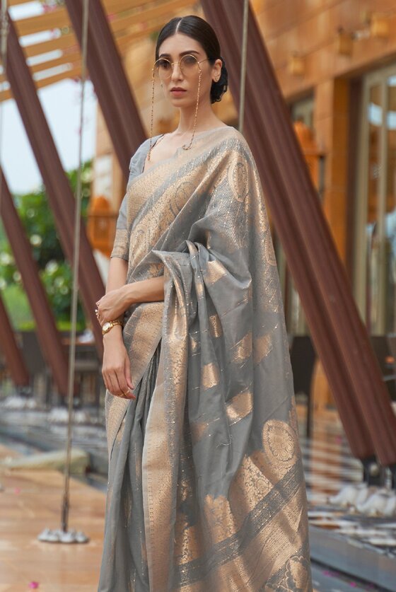 Suva Grey Zari Woven Kota Banarasi Saree With Sequence Work