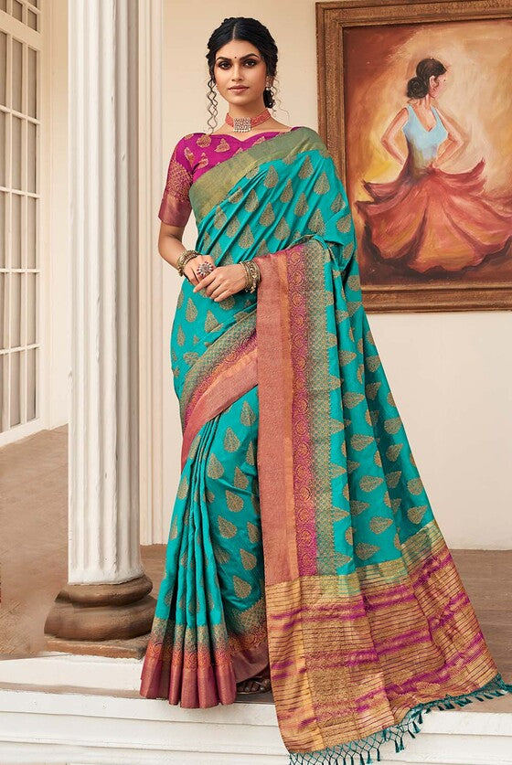 Cyan Blue Zari Butta Woven Banarasi Silk Saree