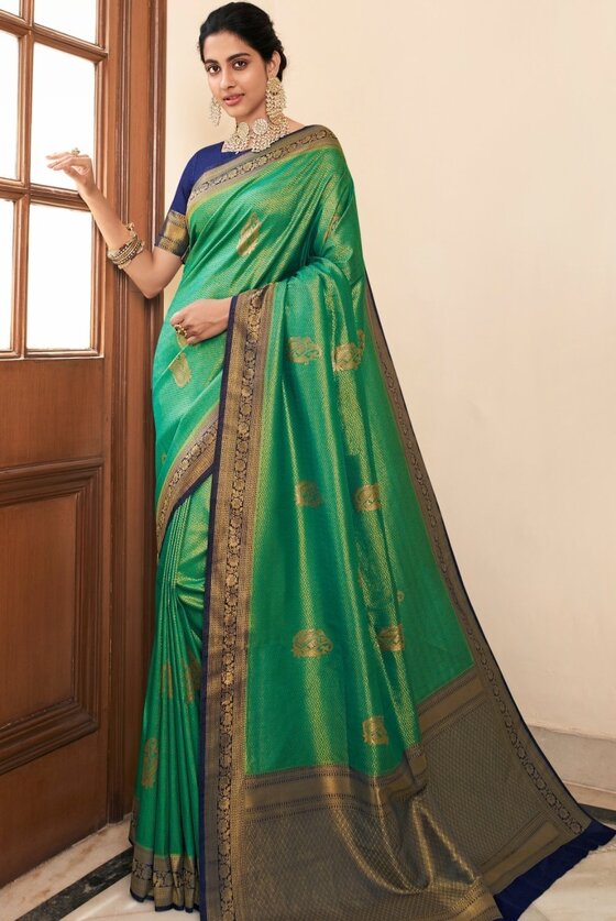 Jade Green Woven Kanjivaram Silk Saree With Contrast Border & Pallu