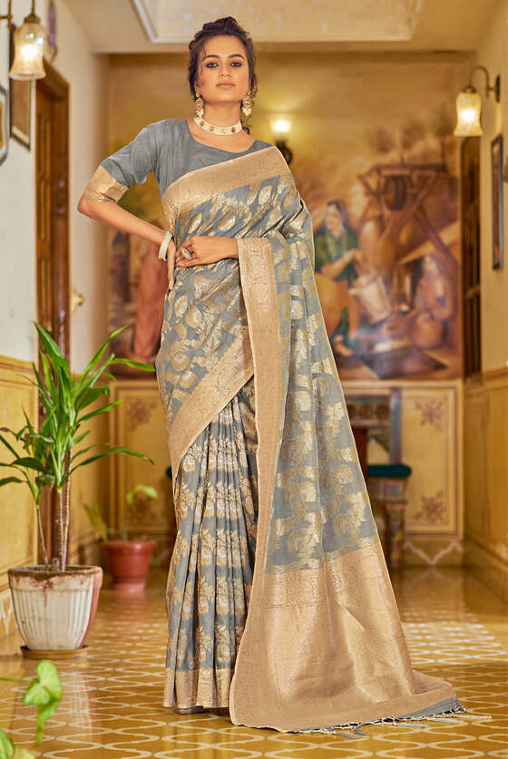 Grey Exclusive Banarasi Linen Saree