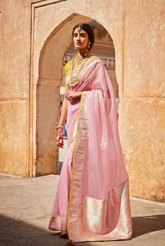 Blush Pink Banarasi Saree with Threadwork Blouse