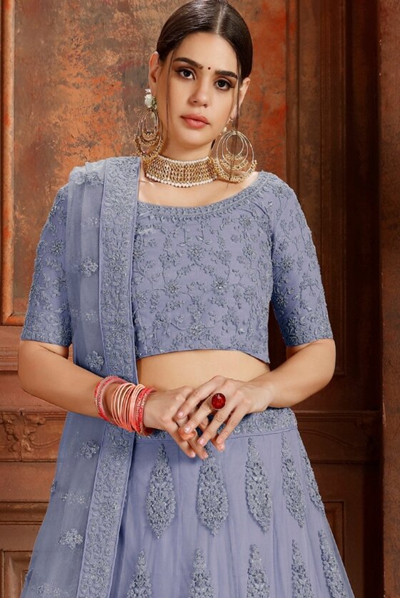 Steel Blue Lehenga Choli With Stone, Pearl & self Embroidered work