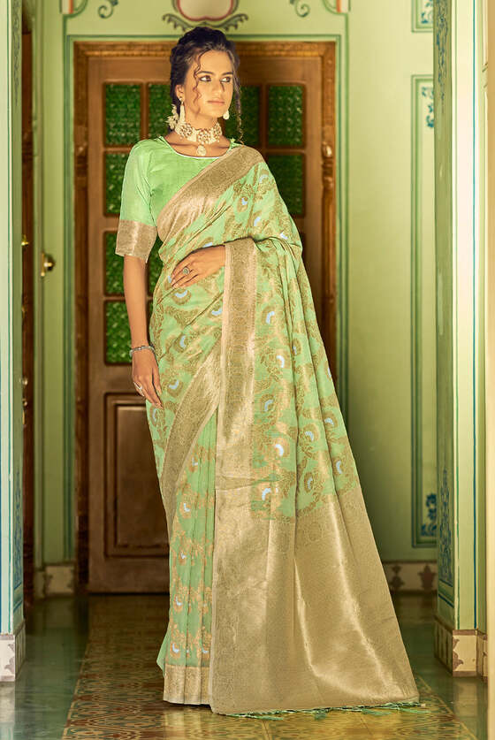 Sage Green Exclusive Banarasi Linen Saree