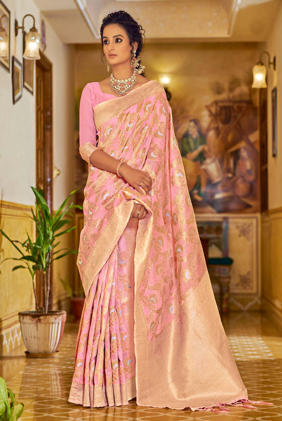 Rose Pink Exclusive Banarasi Linen Saree