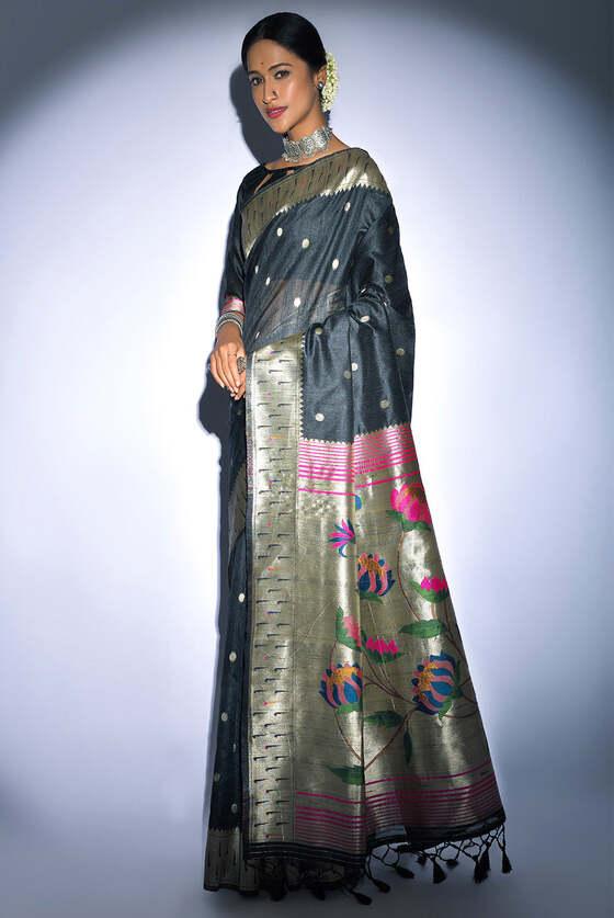 Midnight Black Tussar Silk Zari Woven Saree With Paithani Border And Pallu