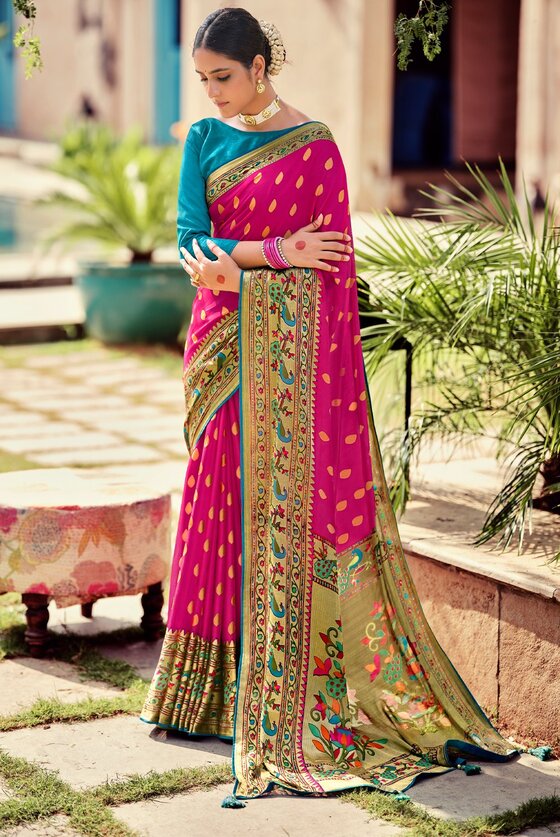 Bright Rose Beautiful Floral Border Paithani Silk Saree