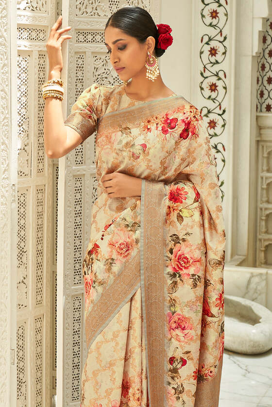 Creme Beige Zari Woven Digital Printed Saree