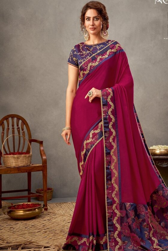 Magenta Pink Georgette Silk Saree With Cord & Sequins Embroidery