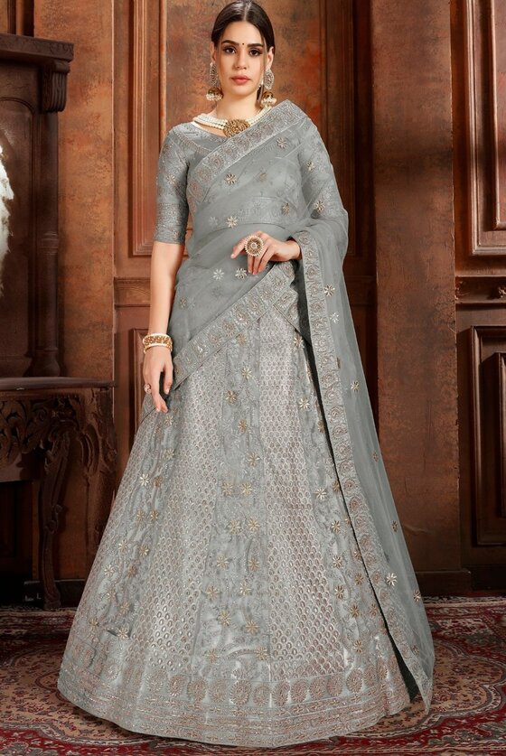 Trout Grey Lehenga Choli With Stone, Pearl & self Embroidered work