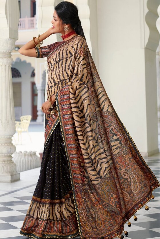 Brown & Black Floral Digital Print Silk Saree