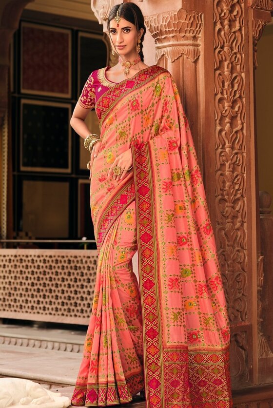 Light Rouge Pink Woven Banarasi Silk Saree With Embroidered Blouse