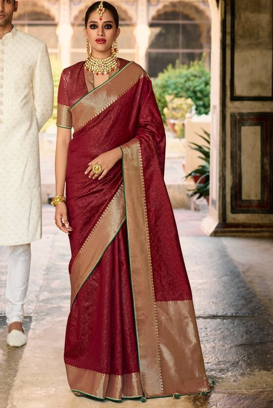 Currant Red Self Embossed Zari Woven Banarasi Silk Saree