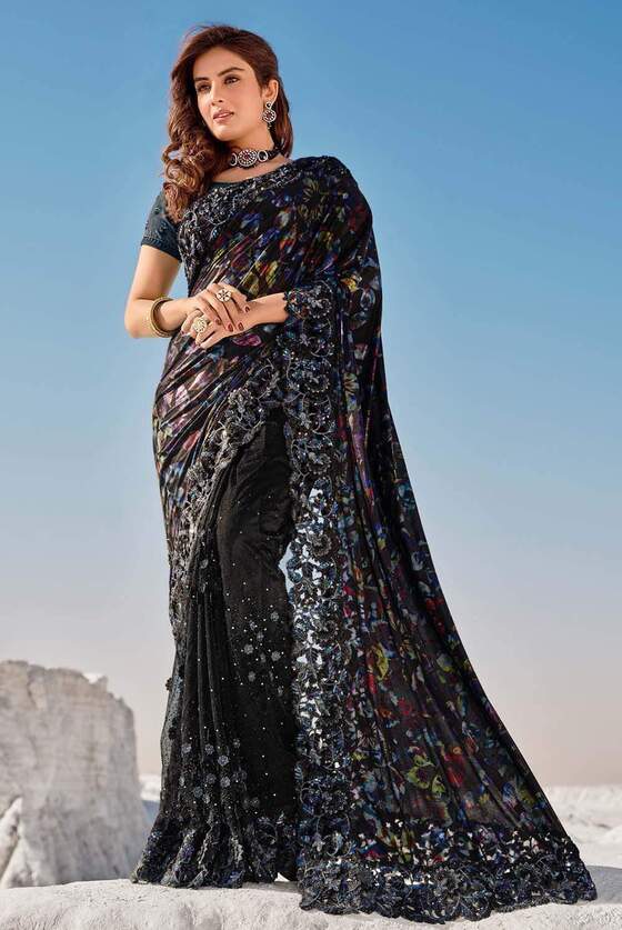 Chicken Border Printed Black Designer Saree