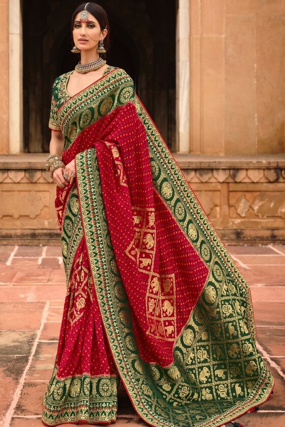 Red & Green Woven Dola Silk Saree Having Khatli Work On Border & Blouse