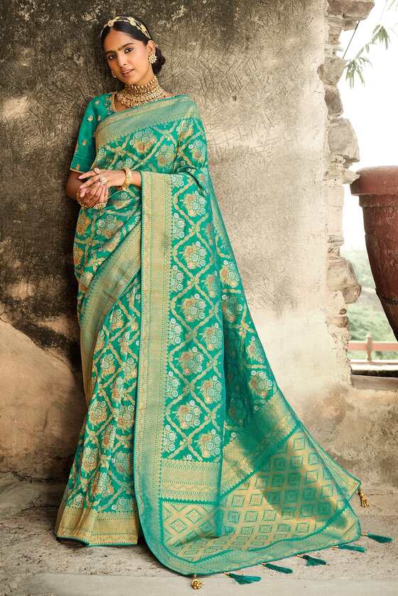 Blue Designer Banarasi Saree With Embroidered Blouse