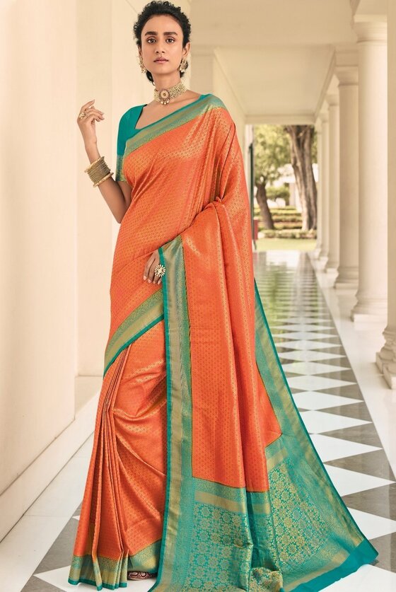 Pumpkin Orange Woven Kanjivaram Silk Saree With Contrast Border & Pallu