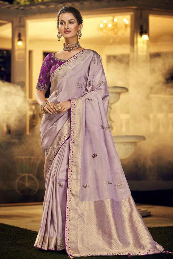 Lavender Purple Designer Silk Saree With Embroidered Blouse