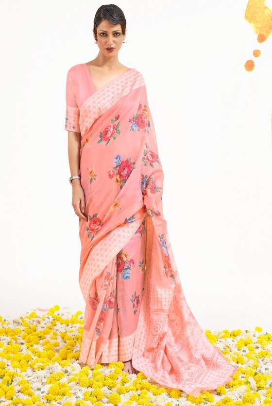 Coral Blush Lucknowi Linen Saree with Digital Print