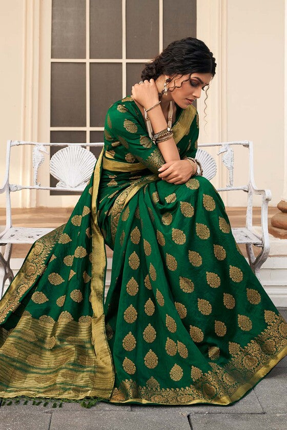 Forest Green Zari Butta Woven Banarasi Silk Saree