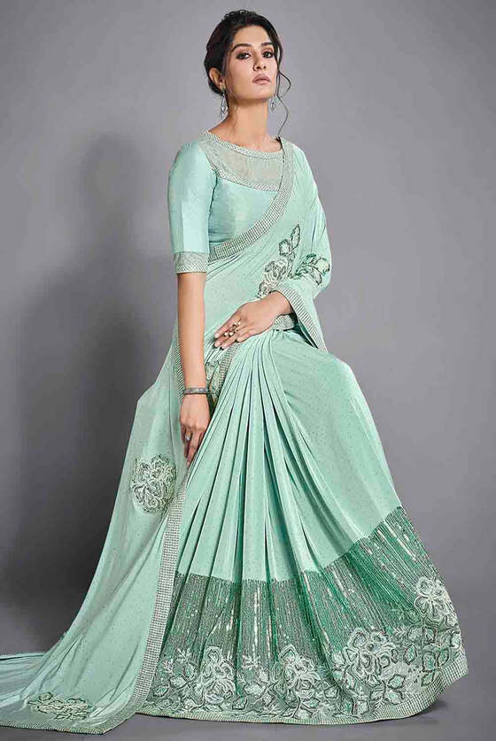 Seafoam Green Designer Lycra Saree With Sequins Cord Embroidery & Applique Work