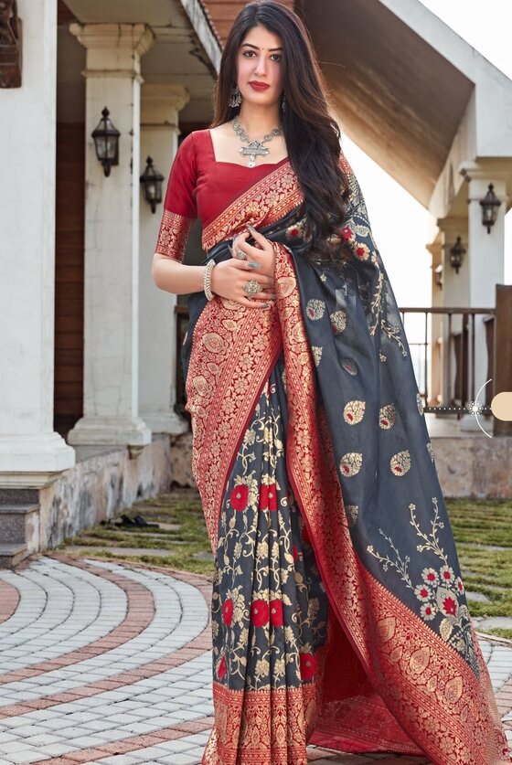 Lead Grey Zari Woven Banarasi Silk Saree