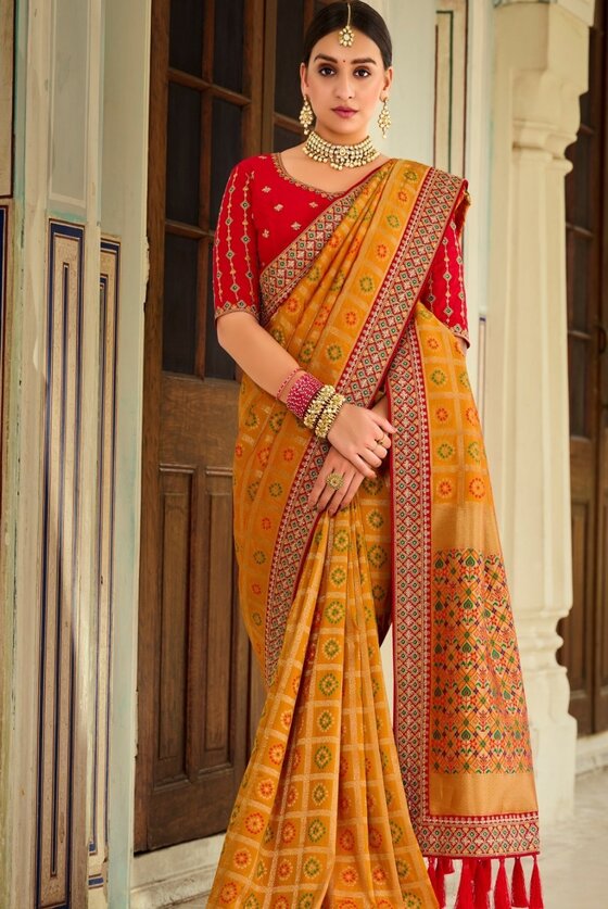 Honey Yellow Banarasi Silk Saree With Embroidered Blouse