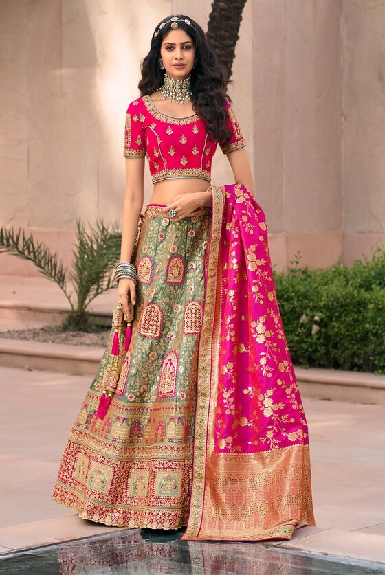 Grey And Pink Hand Heavy Embroidered Banarasi Lehenga Choli