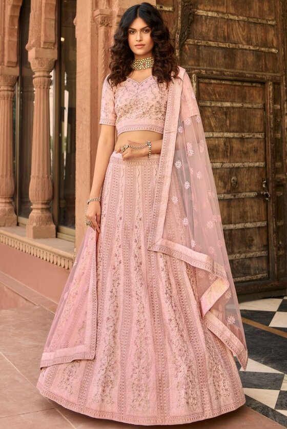 Baby Pink Organza Lehenga Choli With Zari, Thread & Sequins Work