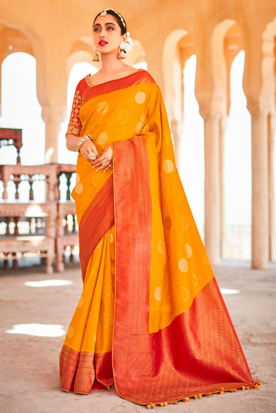 Spice Orange Zari Woven Kanjivaram Silk Saree With Embroidered Blouse