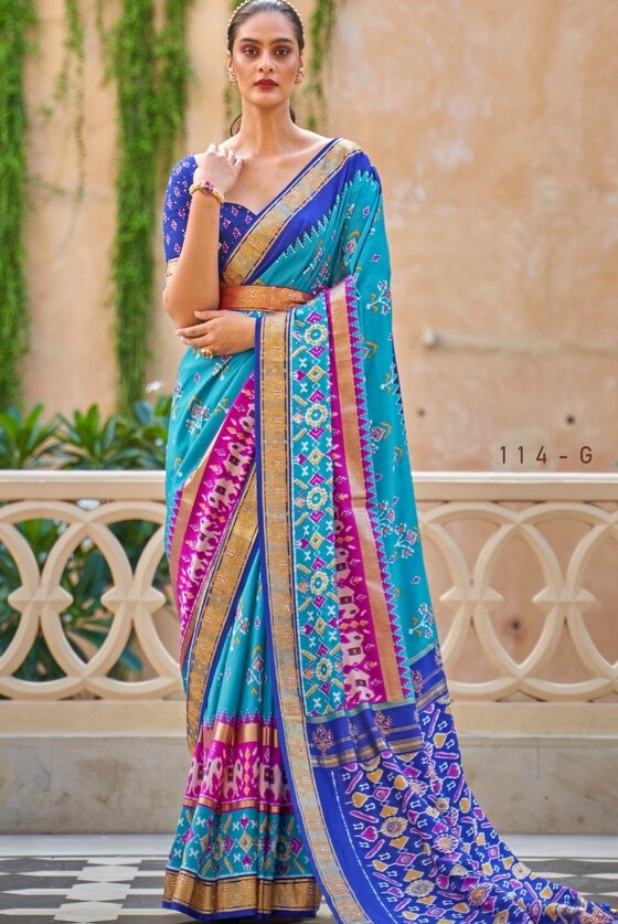 Cerulean Blue Patola Silk Saree with Zari Borders