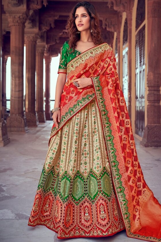 Cream White & Red Banarasi Silk Lehenga Choli With Heavy Embroidery Blouse & Border