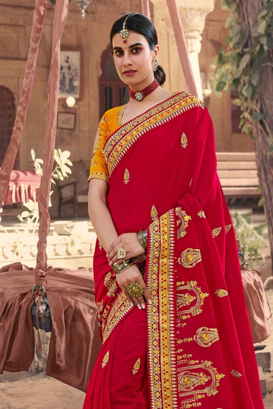 Red Designer Embroidered Silk Saree