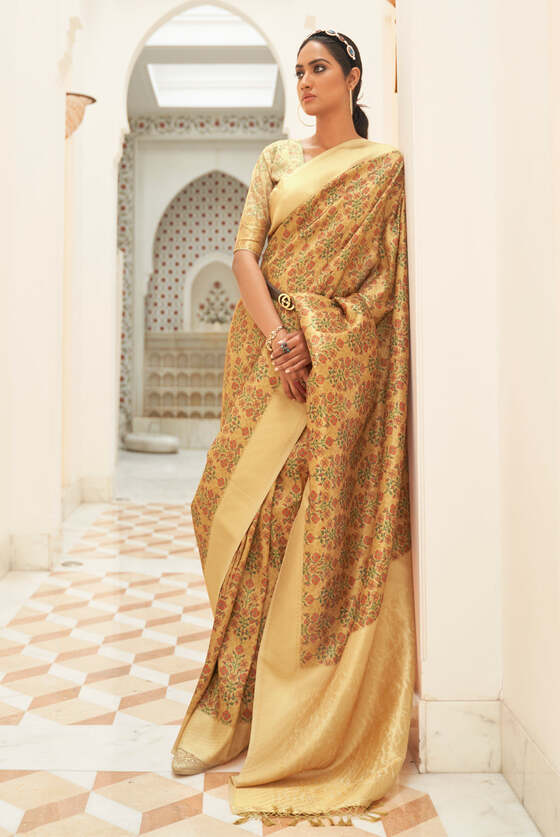 Golden Digital Printed Silk Saree