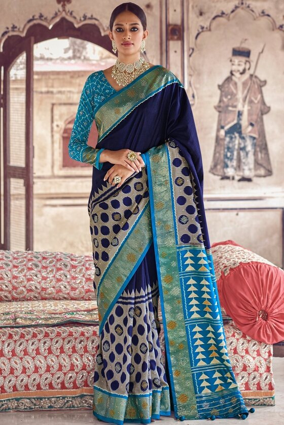 Berry Blue Patola Silk Saree With Zari Border Pallu & Stone Work