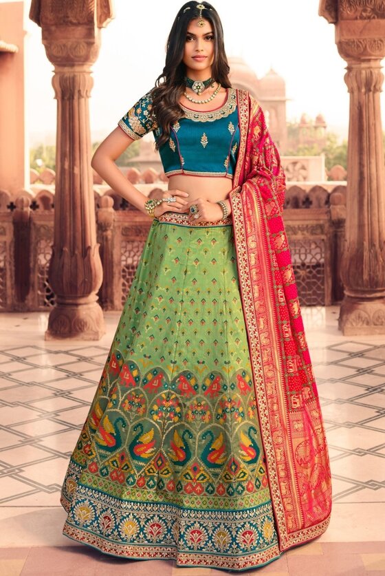 Fern Green & Pink Banarasi Silk Lehenga Choli With Heavy Embroidery Work