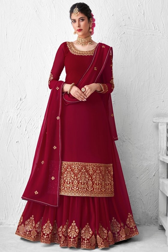 Berry Red straight cut paired with an Embroidered Lehenga