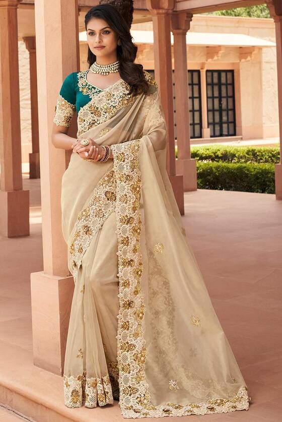 Parchment White Designer Party Wear Saree