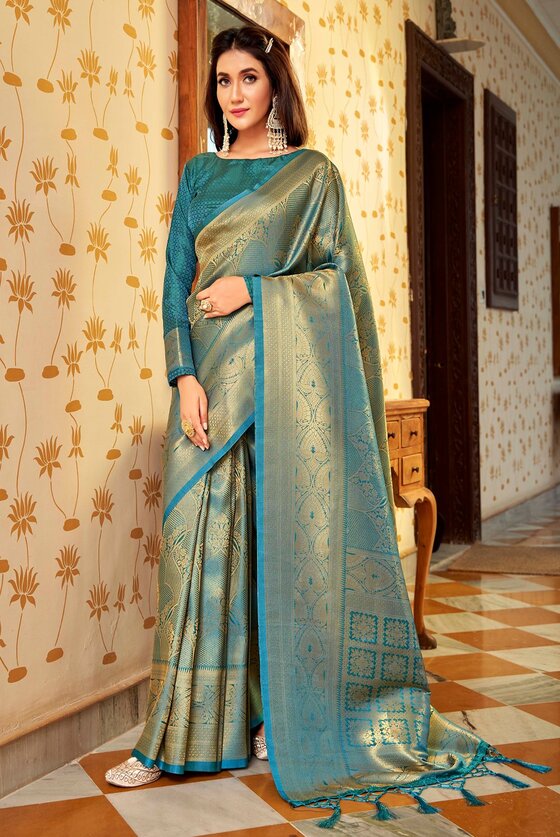 Golden Blue Woven Kanjivaram Saree