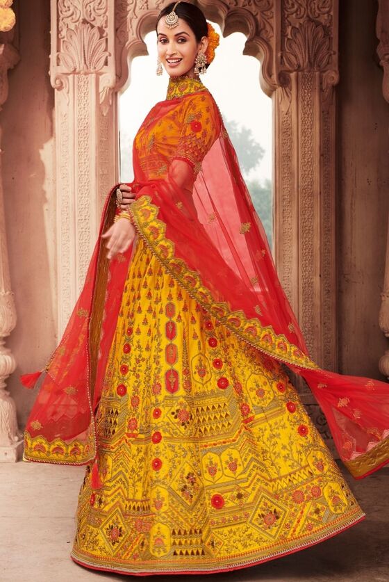 Yellow Embroidered Silk Lehenga Choli