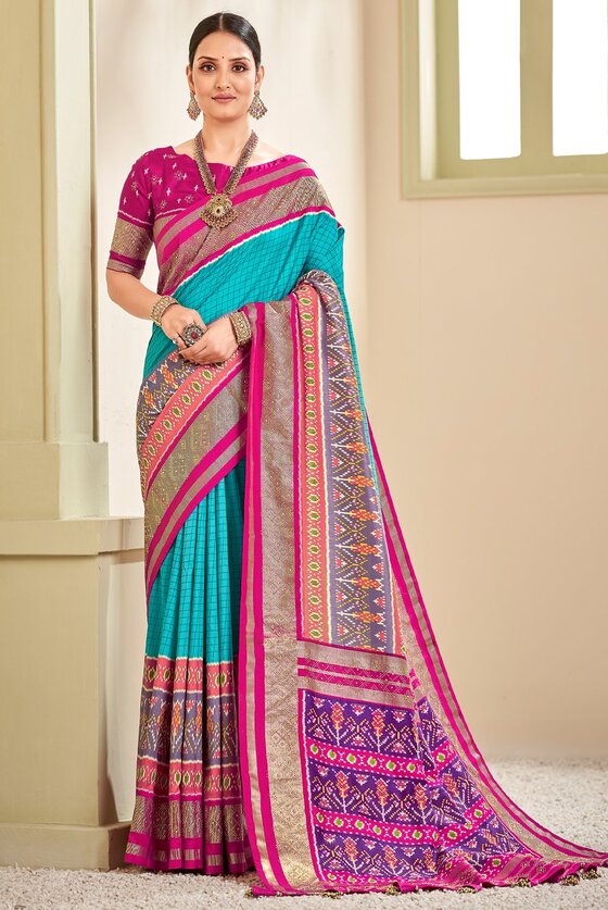 Turquoise Blue Woven Patola Silk Saree