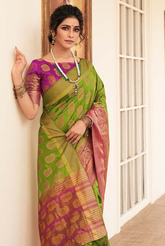 Grass Green Zari Butta Woven Banarasi Silk Saree