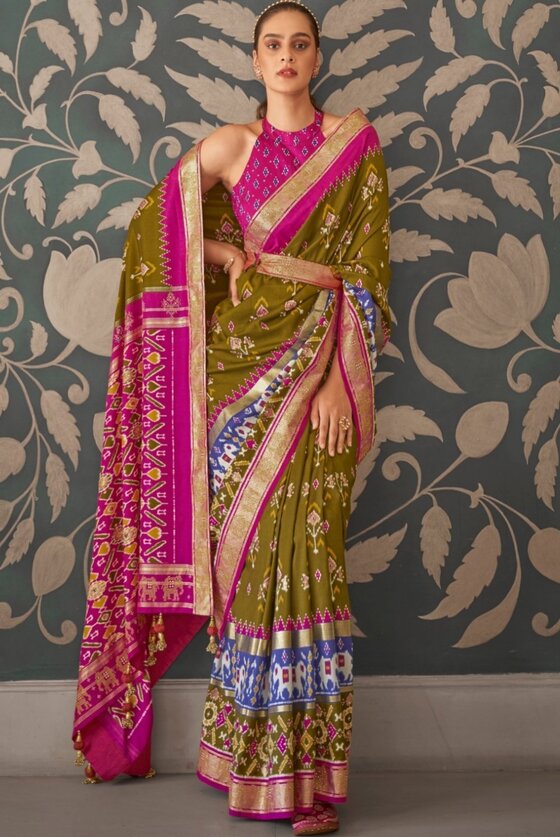 Green & Pink Patola Silk Saree with Zari Borders