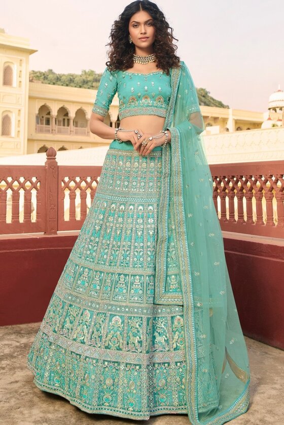 Light Turquoise Blue Organza Lehenga Choli With Zari, Dori, Resham, Gota & Zarkan Work