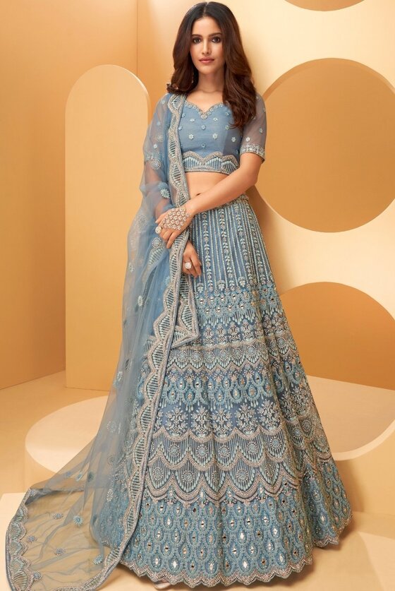 Steel Blue Exclusively Designed Heavy Embroidered Net Lehenga Choli