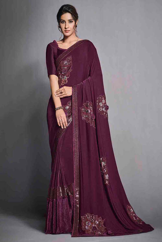 Wine Purple Designer Lycra Saree With Sequins Embroidery & Applique Work