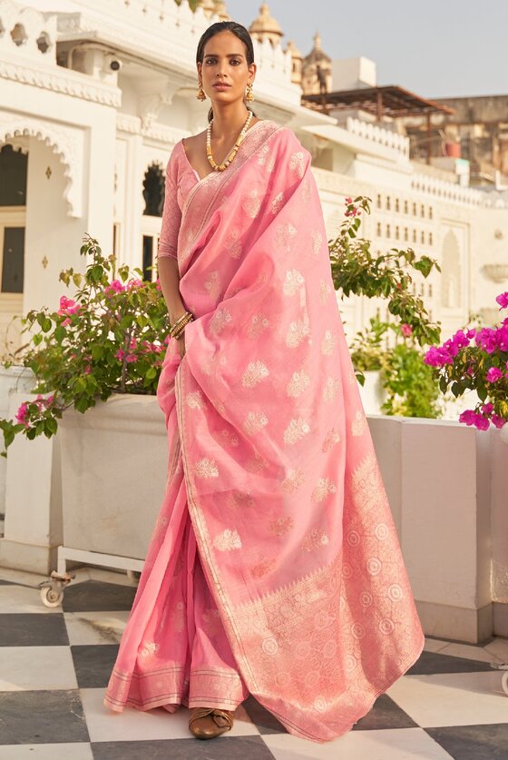 Carnation Pink Woven Banarasi Linen Saree With Brocade Blouse