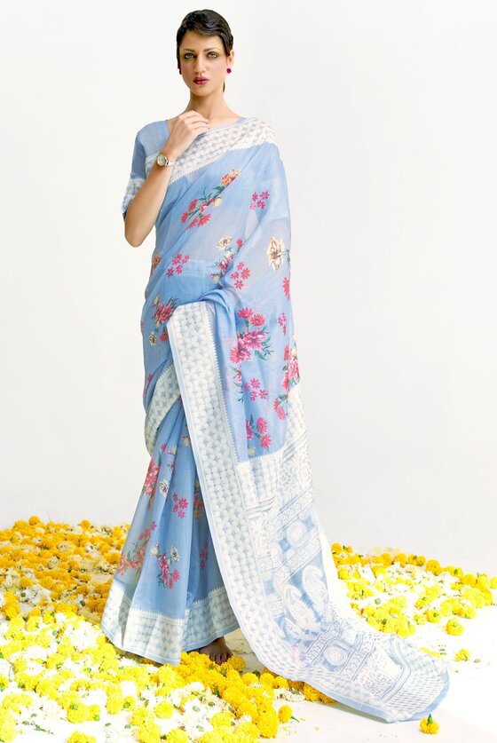 Neil Blue Lucknowi Linen Saree with Digital Print