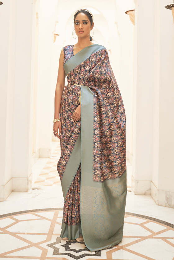 Silver Blue Digital Printed Silk Saree