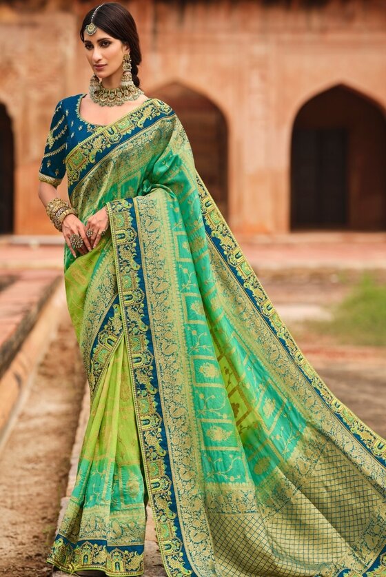 Green & Blue Woven Dola Silk Saree Having Khatli Work On Border & Blouse