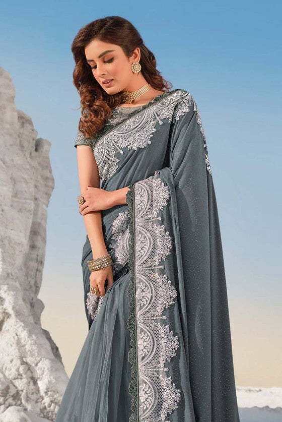 Grey Net Designer Saree